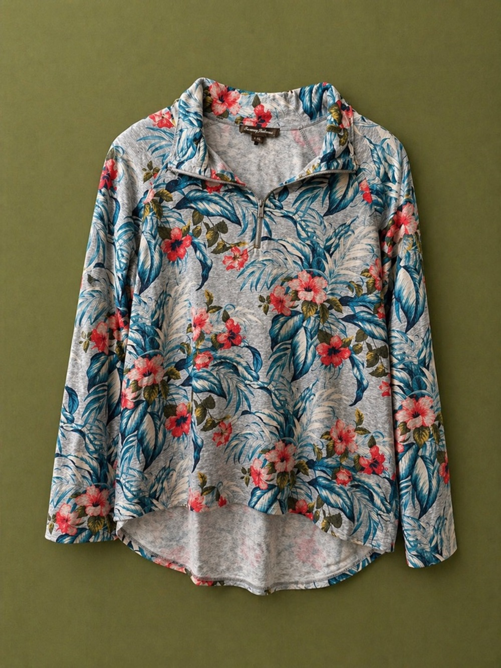 Tommy Bahama Heathered Gray Pullover with Tropical Teal Leaves and Pink Flowers